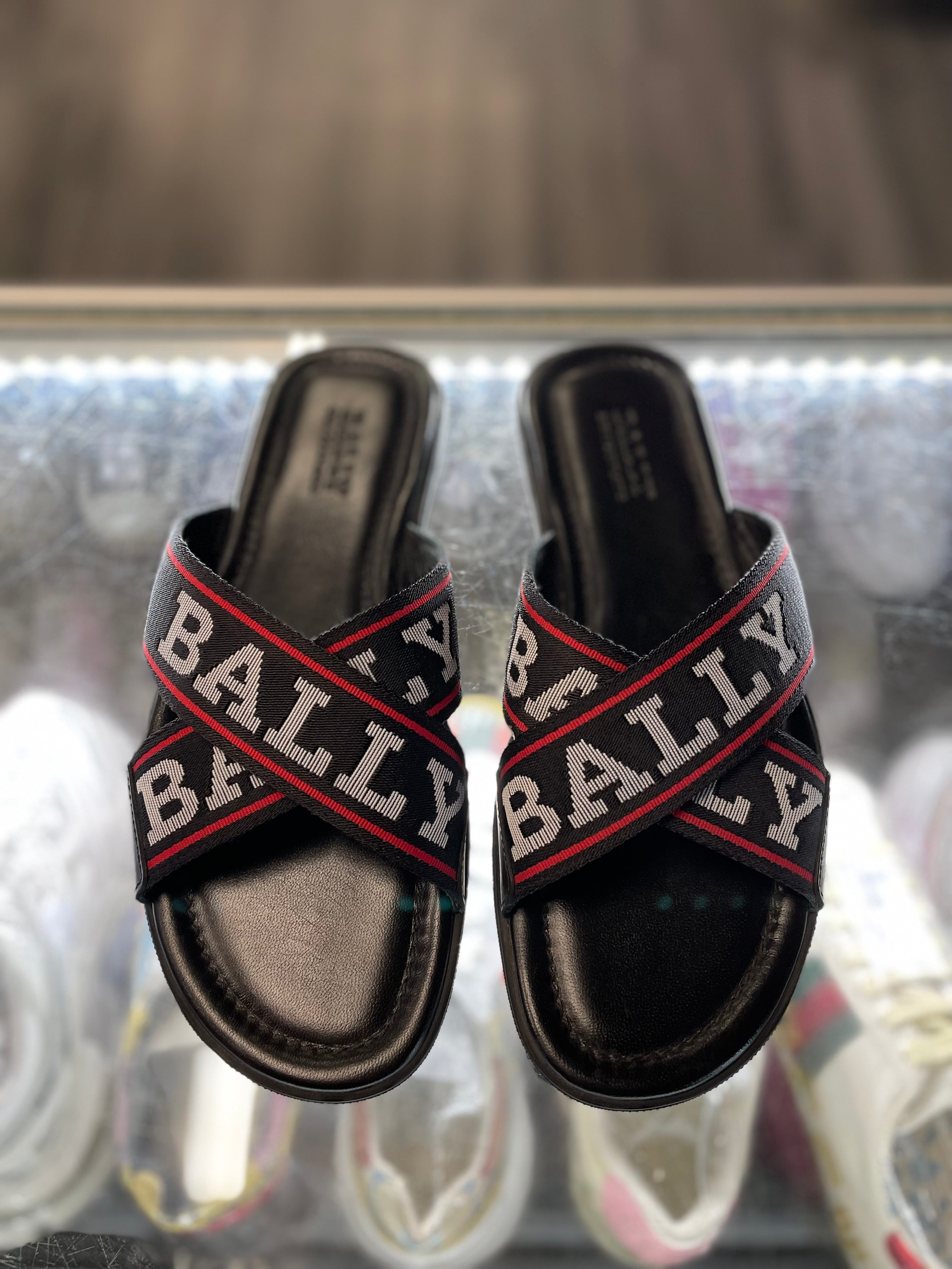 Bally Bonk Slide Sandals "Black Red White Logo Cross Design"