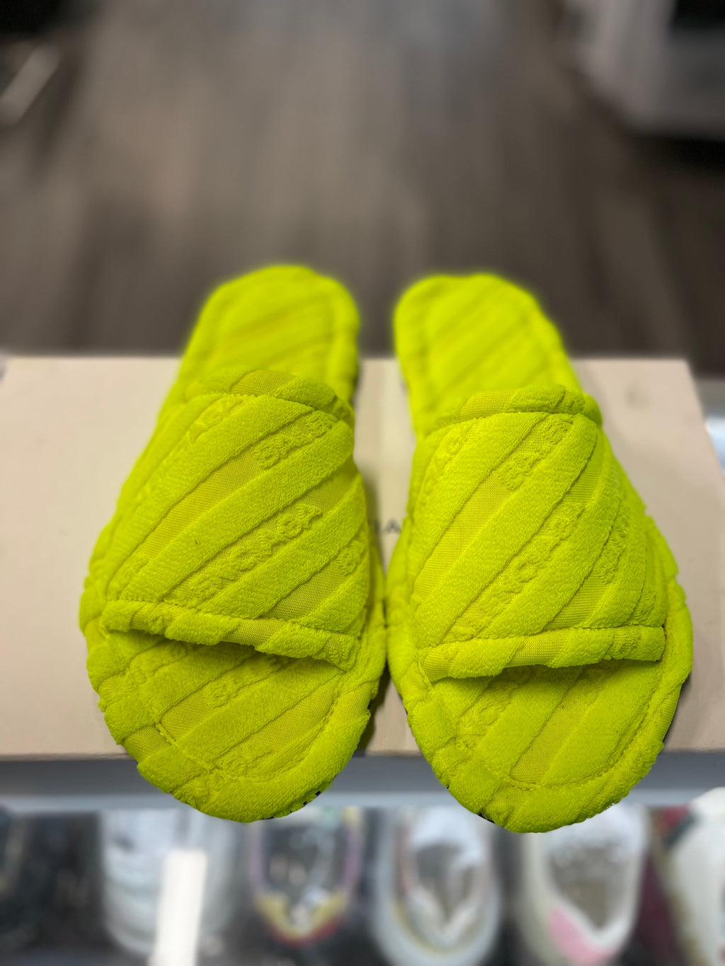Balenciaga Repeating Logo Fuzzy Slide "Neon Yellow"