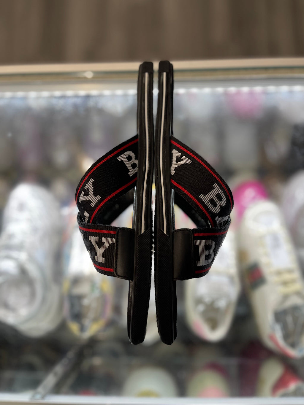 Bally Bonk Slide Sandals "Black Red White Logo Cross Design"