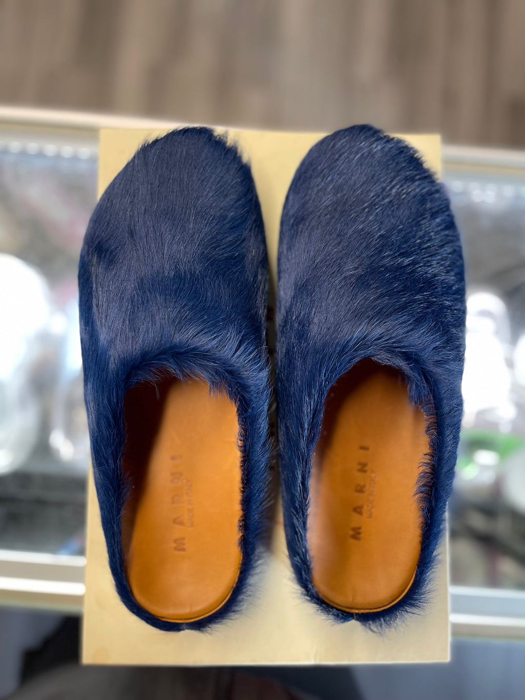 Marni Slides Deep Blue Fur