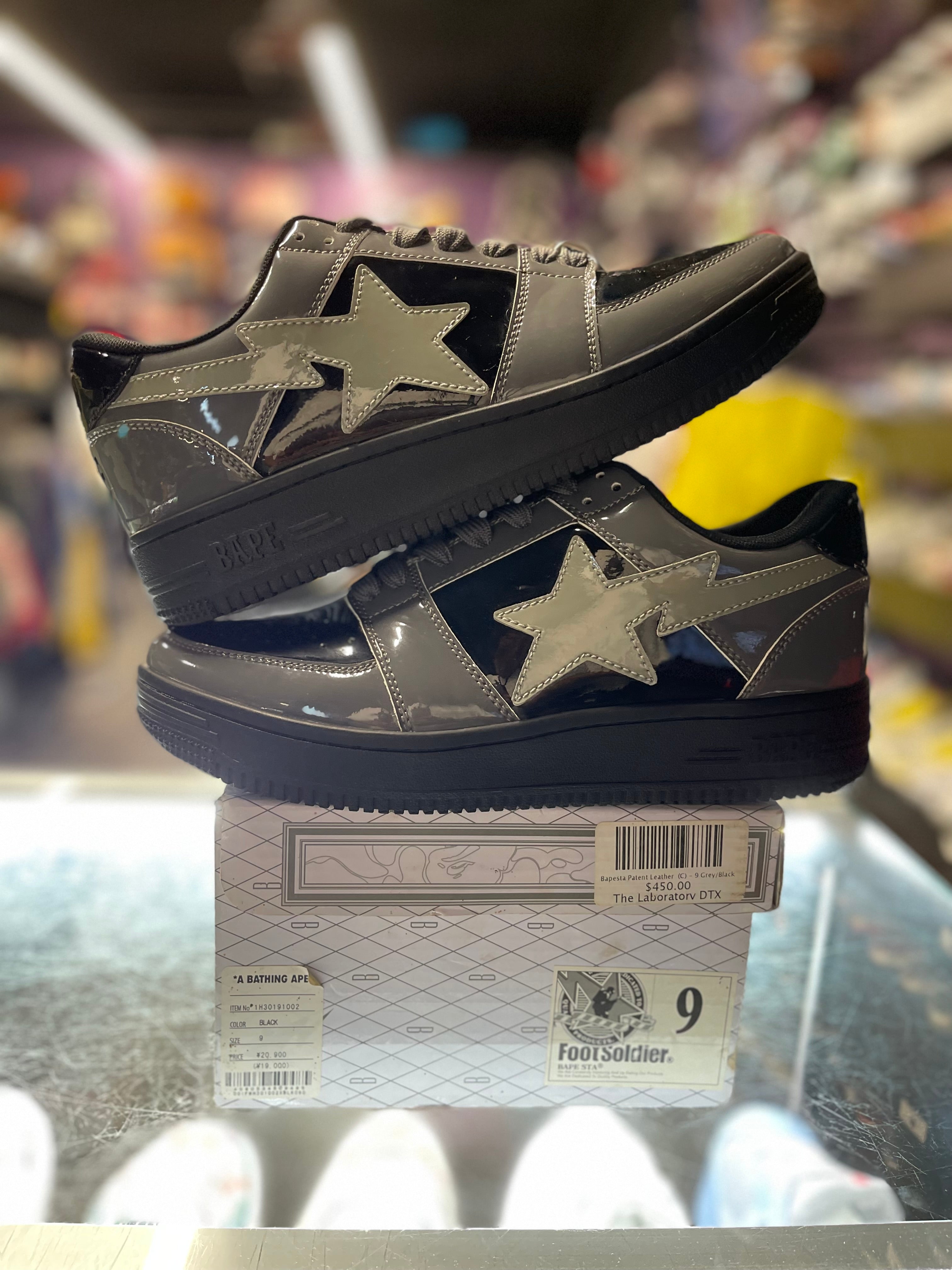 A Bathing Ape Bapesta "Patent Black/ Grey"