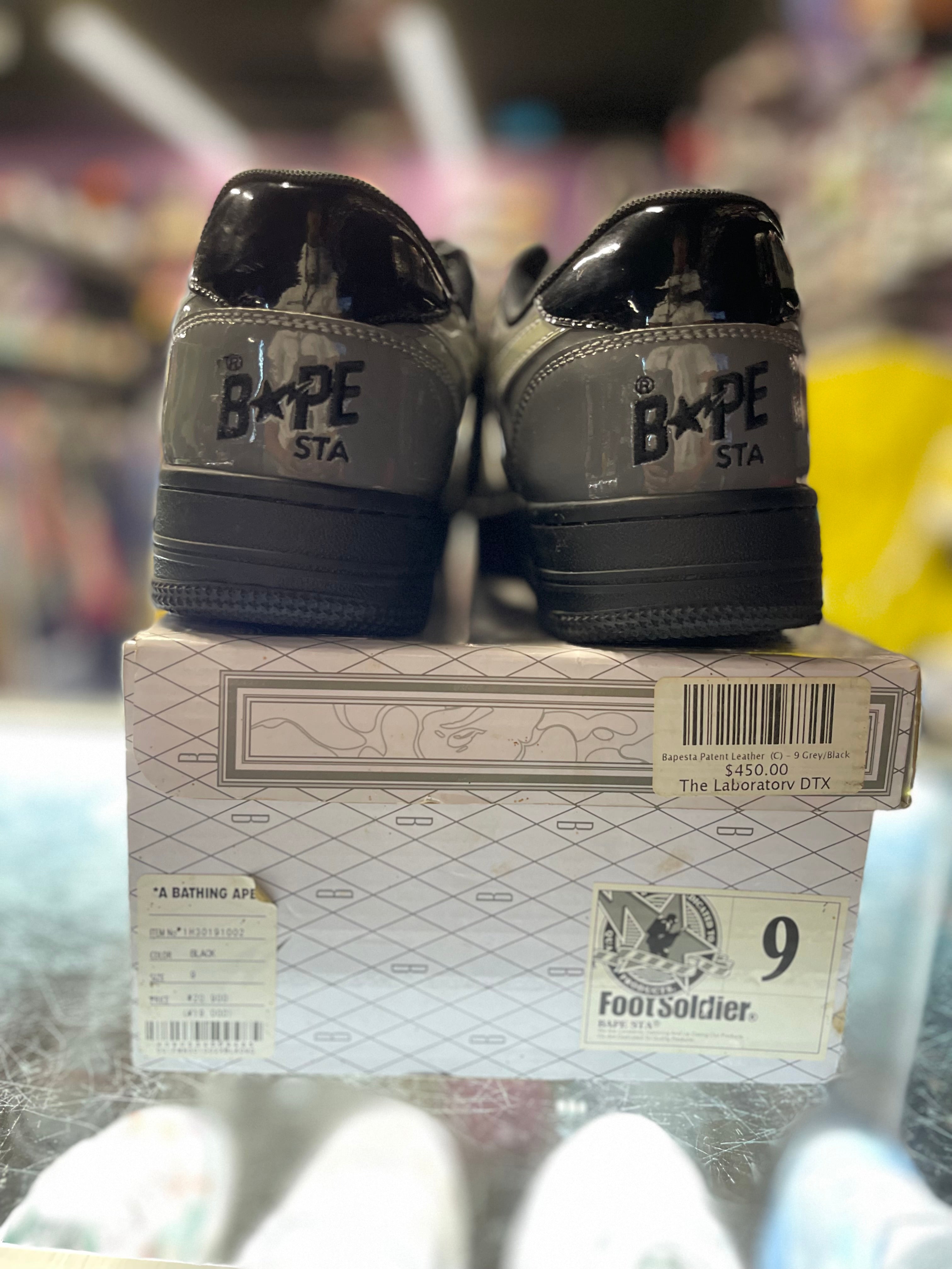 A Bathing Ape Bapesta "Patent Black/ Grey"
