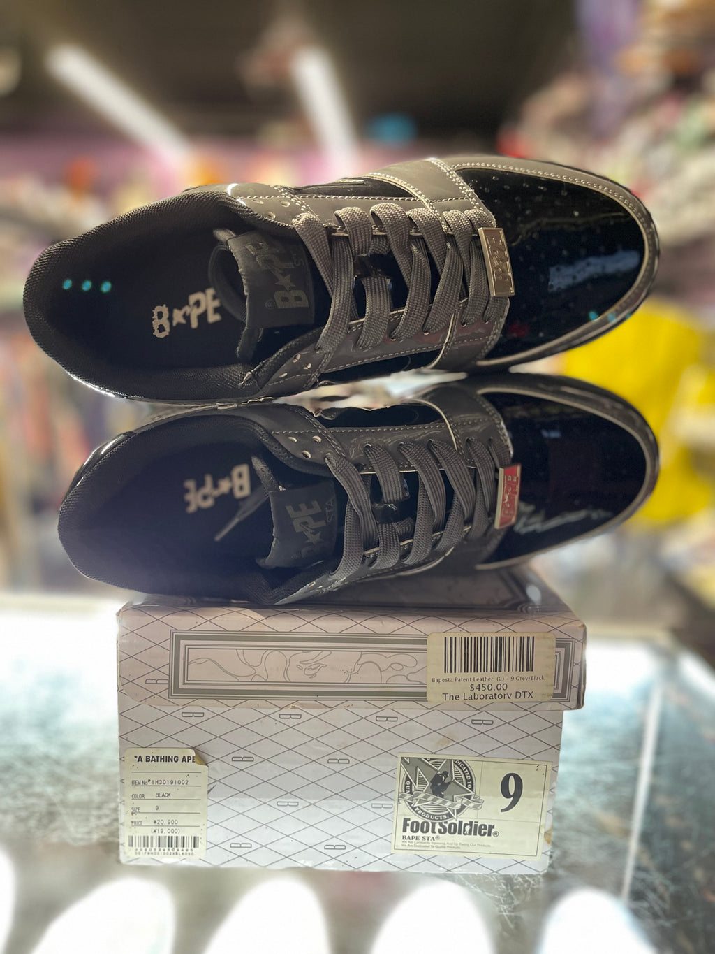 A Bathing Ape Bapesta "Patent Black/ Grey"