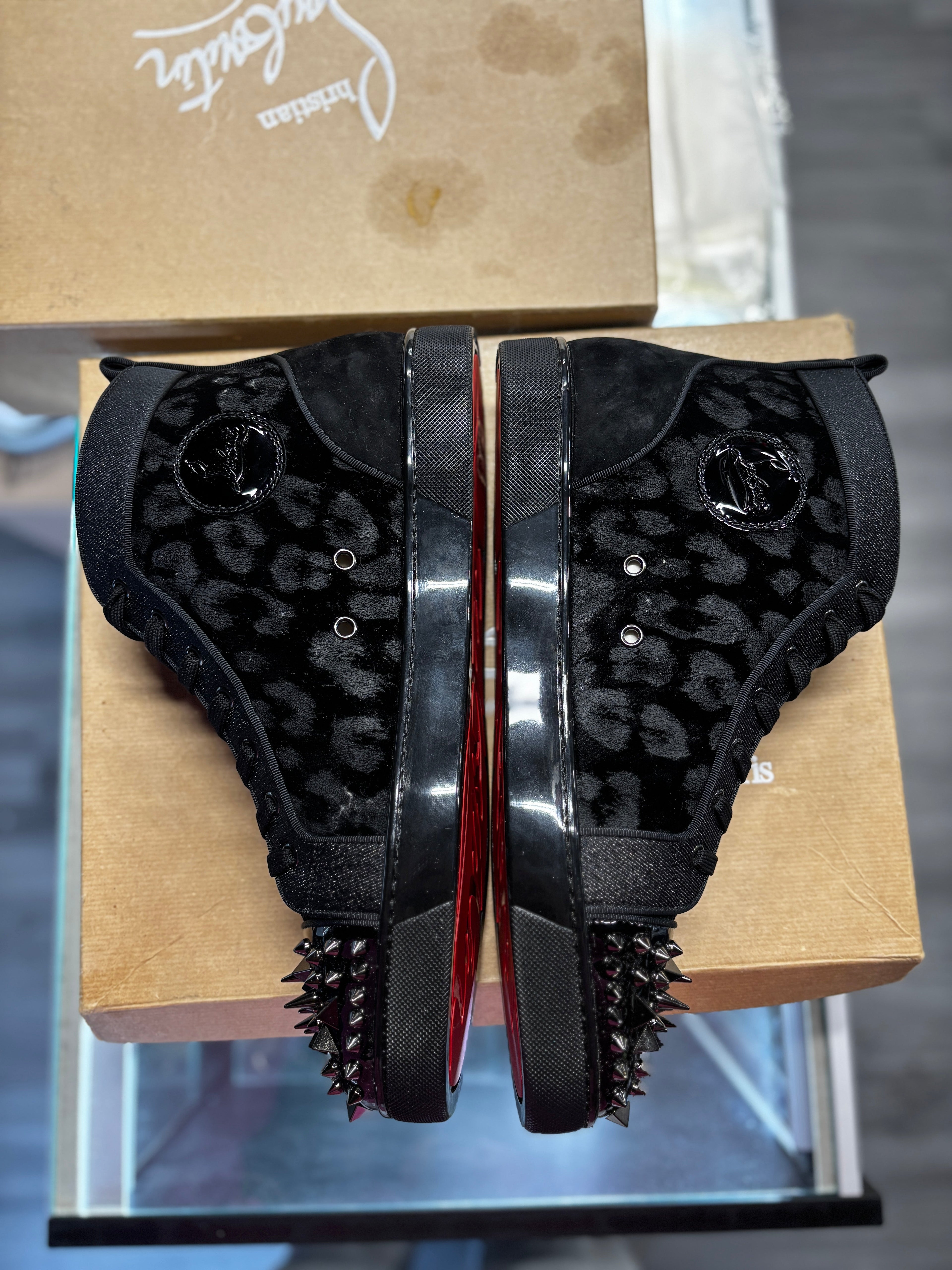 Christian Louboutin High Top Velvet "Black Leopard Print"