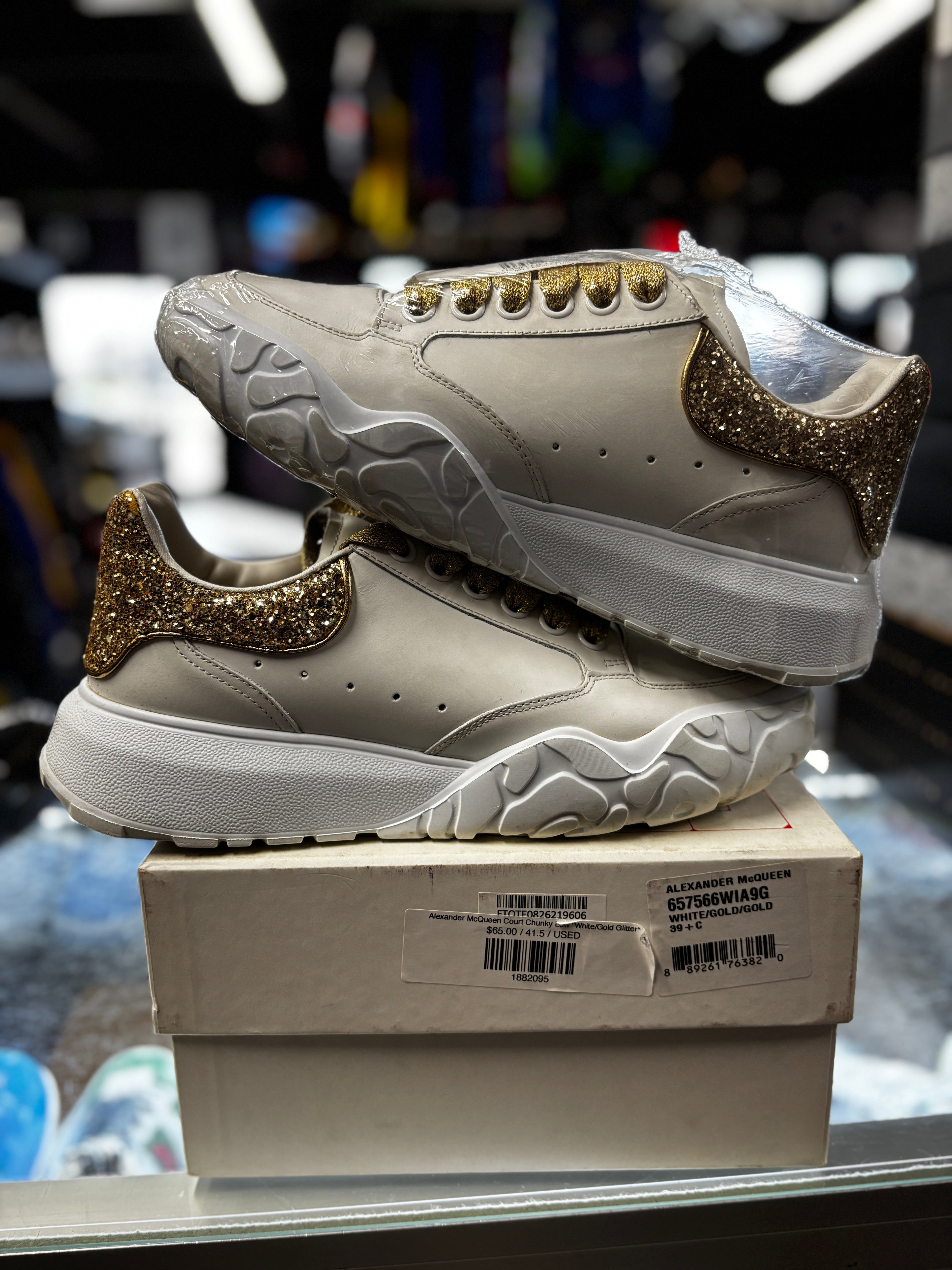 Alexander McQueen Court Chunky Low "White/Gold Glitter"