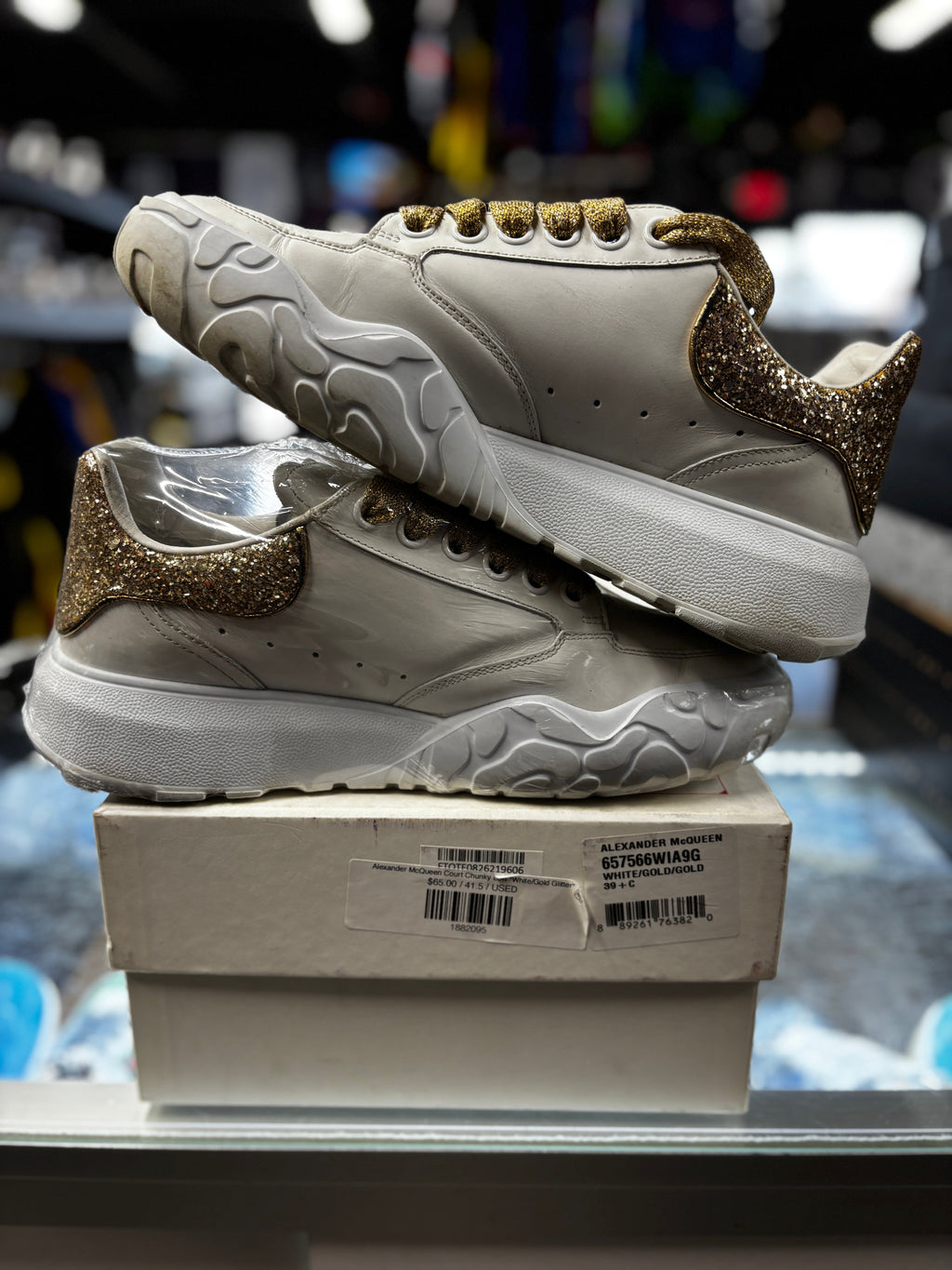 Alexander McQueen Court Chunky Low "White/Gold Glitter"