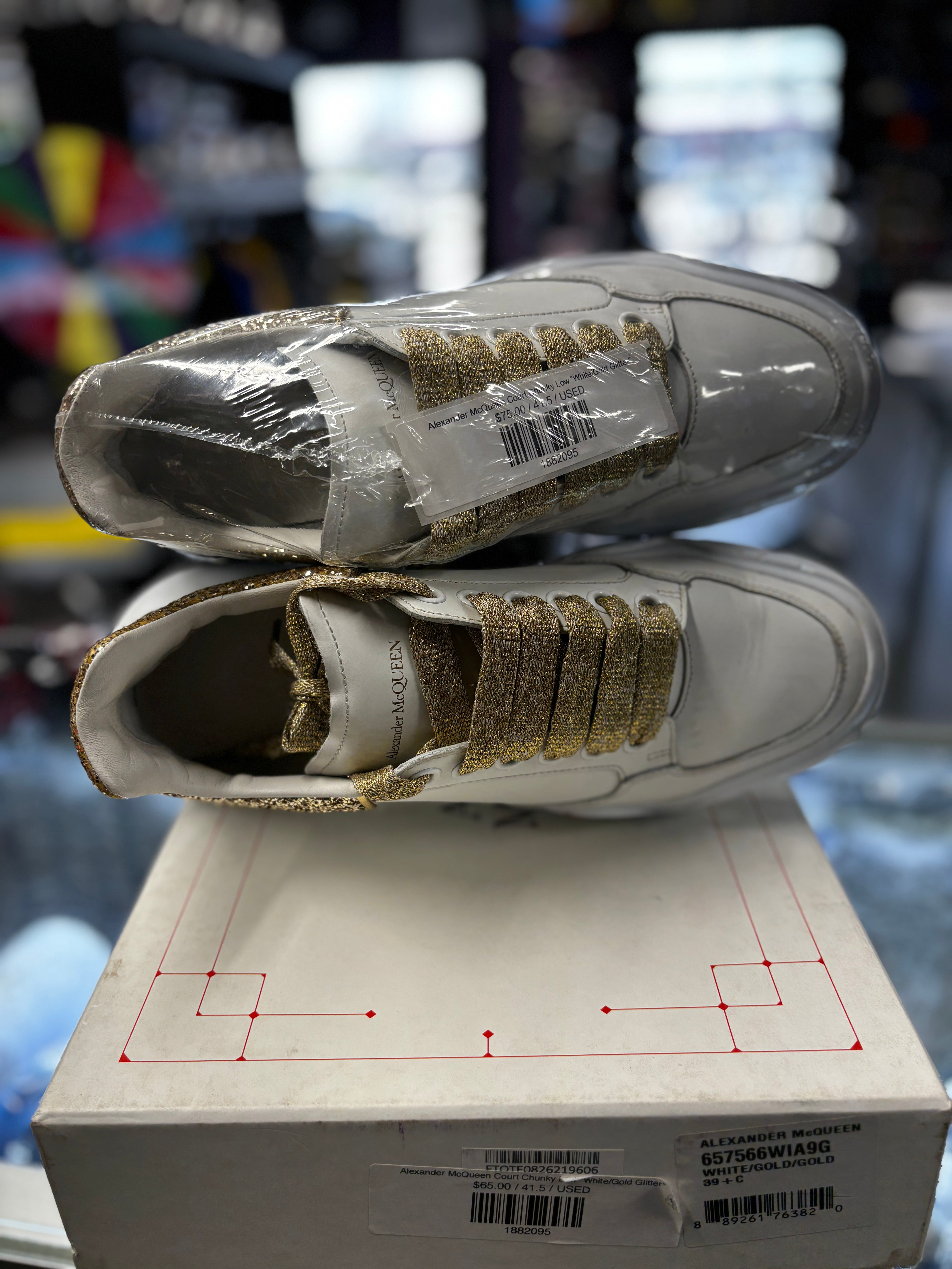 Alexander McQueen Court Chunky Low "White/Gold Glitter"