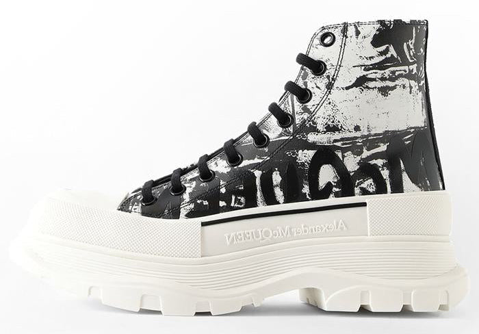 Alexander McQueen Tread Slick Boots "White and Black Graffiti Print"