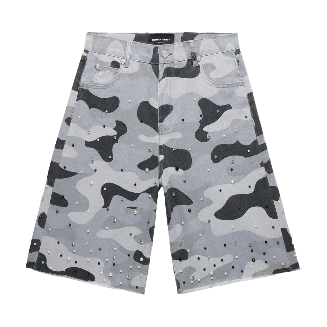 Homme Femme Gemstone Snow Camo Denim Shorts